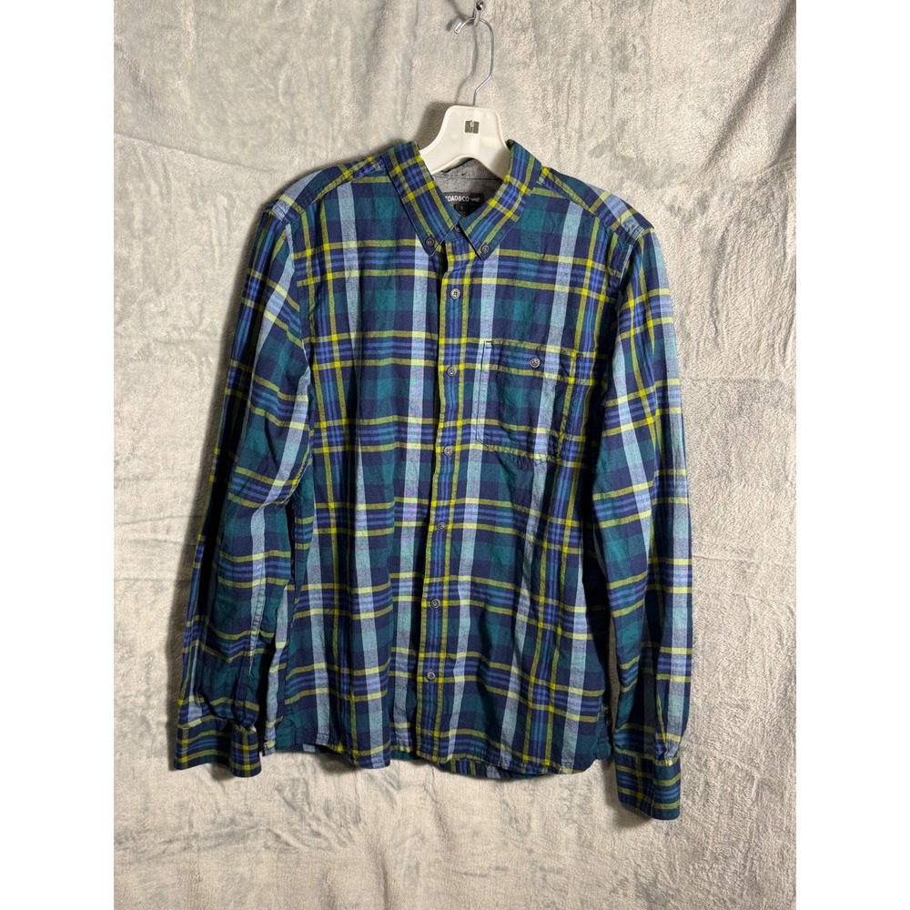TOAD & CO Mens Plaid Button Up Shirt small 100% Organic Cotton Blue Green